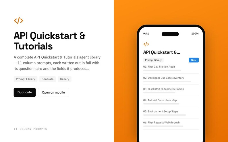 API Quickstart & Tutorials Notion template: mobile view