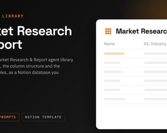 Puede incluir: Una plantilla digital de Notion titulada Market Research & Report, que incluye una biblioteca de agentes con 36 prompts de columna. La interfaz muestra una tarjeta de base de datos blanca con el texto Market Research & Report.