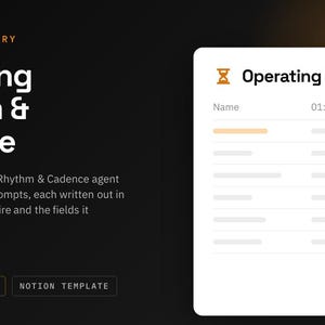 May include: A digital Notion template titled Operating Rhythm & Cadence, featuring an agent library with 11 column prompts. The interface displays a list with an hourglass icon, the text 01: Existing Meeting, and various input fields.