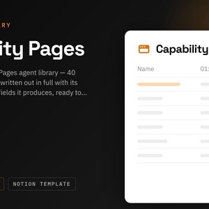 Könnte beinhalten: Eine digitale Notion-Vorlage mit dem Titel Agent Library Capability Pages. Die Benutzeroberfläche zeigt eine Liste mit der Überschrift Capability Pages und eine Tabelle mit Spalten für Name und 01: Capabilities Page sowie 40 Prompt-Texte.