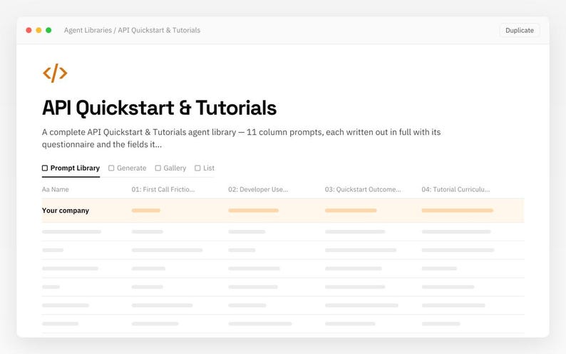 API Quickstart & Tutorials Notion template: desktop view