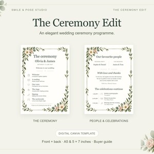May include: A digital wedding ceremony programme template titled The Ceremony Edit, featuring two white cards with floral borders of pink flowers and green leaves. The text includes Olivia & James, wedding details, and a schedule in English.