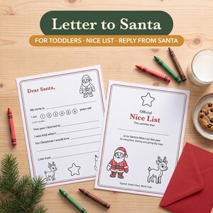 May include: Two white paper sheets with black text and illustrations for a Letter to Santa and an Official Nice List. The letter includes blanks for a name, age, and Christmas wishes. The Nice List features a Santa and reindeer graphic.