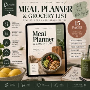 Puede incluir: Un conjunto de plantillas digitales de planificador de comidas y lista de la compra de 15 páginas. La pantalla muestra un bol con pollo, aguacate y tomates con el texto Meal Planner & Grocery List, Plan Prepare Enjoy y Good Food Good Mood.