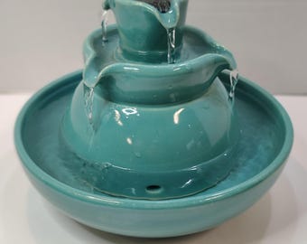 Turquoise Ceramic Cat Fountain, Two Tier Pet Water Dish