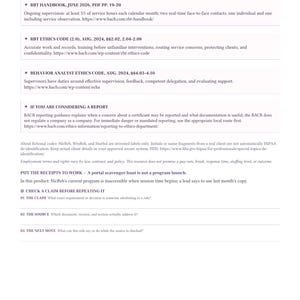 May include: A white informational document titled Check the rule before the rumor wins, featuring sections on RBT Handbook, RBT Ethics Code, and Behavior Analyst Ethics Code. It includes guidance on reporting, fictional codes, and a claim checklist.
