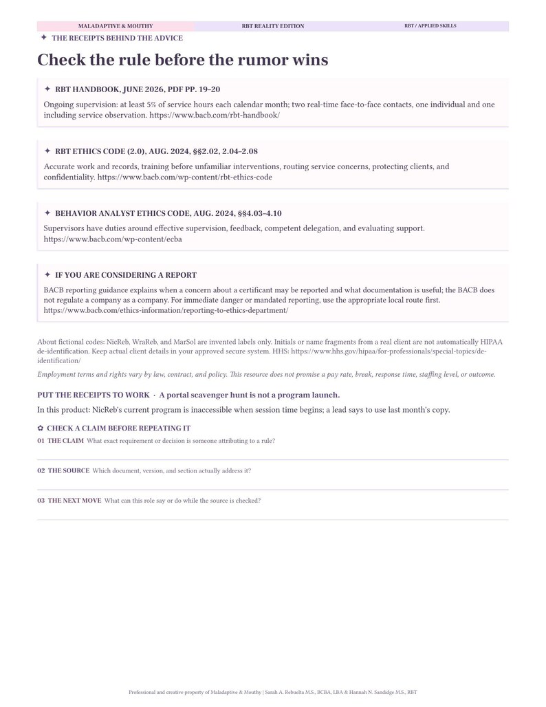 May include: A white informational document titled Check the rule before the rumor wins, featuring sections on RBT Handbook, RBT Ethics Code, and Behavior Analyst Ethics Code. It includes guidance on reporting, fictional codes, and a claim checklist.
