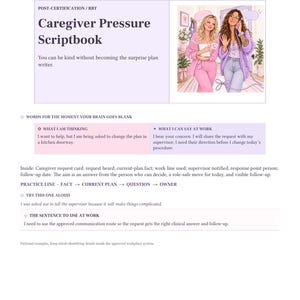May include: A digital document titled Caregiver Pressure Scriptbook featuring text sections on communication and advocacy for RBTs. It includes a graphic of two individuals, one holding a notebook and the other talking on a corded telephone.