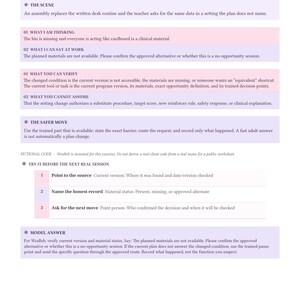May include: A white educational worksheet titled WraReb: the bell rang; the question did not vanish. It features sections on clinical scenarios, including What I Am Thinking, What You Can Verify, The Safer Move, and a Model Answer for RBT applied skills.