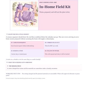 May include: A lavender tote bag containing a purple tumbler, a tablet, a notebook, and a bow. Scattered in front are a ball, cards with heart and rainbow illustrations, keys, and a charging cable. The text reads: Post-Certification / RBT In-Home Field Kit.