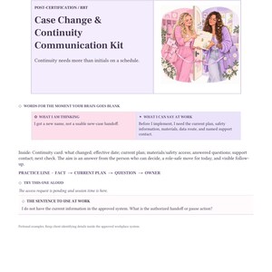 Op de afbeelding: Een digitaal document getiteld Case Change & Continuity Communication Kit met een illustratie van twee personen in een deuropening. De tekst bevat secties over woorden voor momenten van mentale leegte, oefenzinnen en professionele communicatie voor RBT-certificering.
