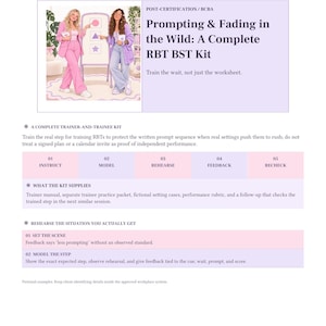 May include: A digital training kit titled Prompting & Fading in the Wild: A Complete RBT BST Kit. The document features a graphic of two individuals, a five-step instructional process, and sections detailing kit supplies and rehearsal scenarios.