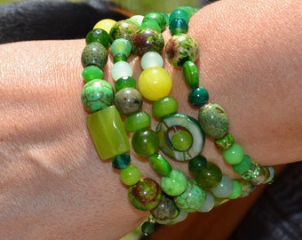 Green Goddess, Chunky and Fun Wrap Around Bracelet, Gemstone, Beaded Bracelet, St Patricks Day Bracelet