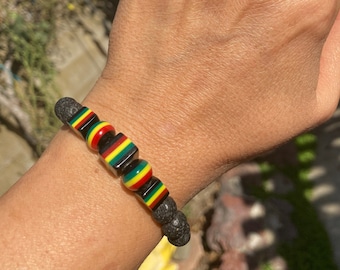 Womens Rasta Fun Beaded Stretch Bracelet, Rasta Lava Bead Bracelet, Rasta Beaded Bracelet