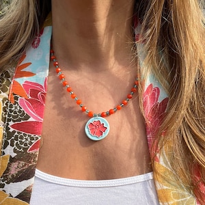 Beautiful, Turquoise and Orange Beaded Necklace with Hibiscus Pendant, Beaded Turquoise & Orange Necklace