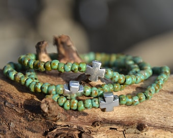 Dainty Turquoise Picasso Green, Seed Beaded Bracelet with Tiny Silver Tone Cross Bead, Easter Bracelet, Christian Bracelet, Faith Bracelet