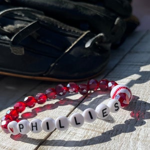 Dainty Phillies Glass Beaded Bracelet, Phillies Bracelet, Red Phillies Bracelet, Baseball Bracelet, Philadelphia Phillies