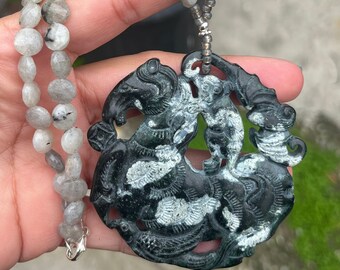 Beautiful Gray Gemstone Beaded Necklace with Large Grayish Green Carved Pendant, Gray Statement Necklace