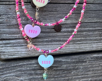Dainty Beaded Necklace With XOXO Conversation Heart Pendant