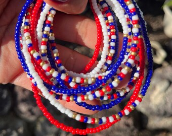 Longer, Five Strand Necklace with Red, White, Blue and Gold, Multi strand, Boho, Fourth of July, American Flag Necklace, Patriotic Necklace