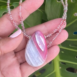 Dainty Beaded Necklace with Larger, Agate Pendant, Mauve Necklace, Plum Necklace, Agate Pendant Necklace