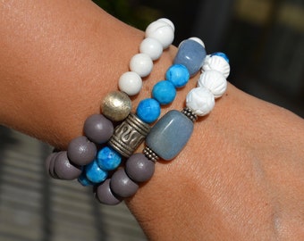 Set of 3 Boho Beaded Stretch Bracelets with Tibetan & Silver Bead Accents, White, Teal, Gray