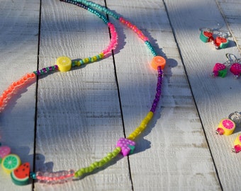 Fruity Fun, Dainty, Colorful Beaded Necklace with Fruit