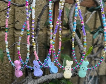 Women's Dainty Beaded Shorter Necklace with Small Bunny Center Bead, Shorter Easter Necklace, Sugar Bunny Necklace, Pastel Colors
