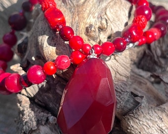 Luscious in Red, Shorter Chunky Beaded Necklace, Red Beaded Necklace, Gemstone Beaded Red Necklace