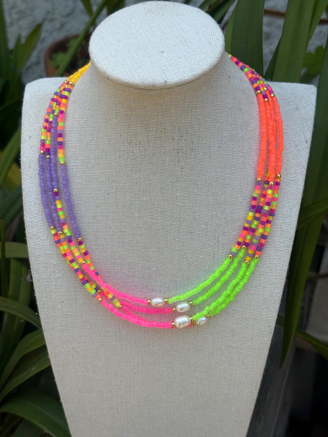 Dainty, Multi Colored, Neon Seed Bead Necklace With Pearl, Colorful