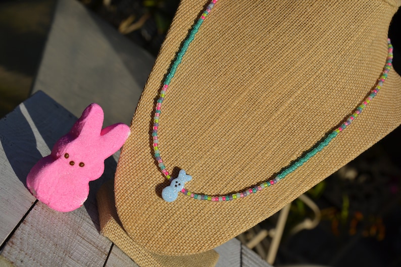 Girls Dainty Beaded Necklace with Small Bunny Peep Center Bead Easter Necklace Pastel Colors Peep Bunny Necklace
