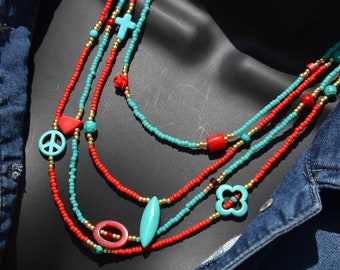 Unique, Boho Four Strand Necklace in Gold, Turquoise and Red, Mixed Media, Bohemian Multi Strand Necklace