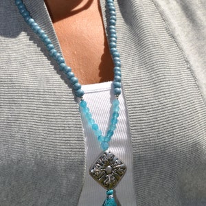 Long Beaded Blue Gray Necklace with Aqua Tassel