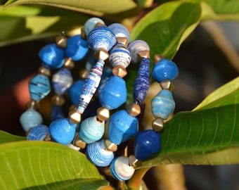 Gorgeous Wrap Bracelet, Recycled Paper Beads, Matted Gold Czech Beads, Red Orange, Blue, Cream Neutral, Yellow