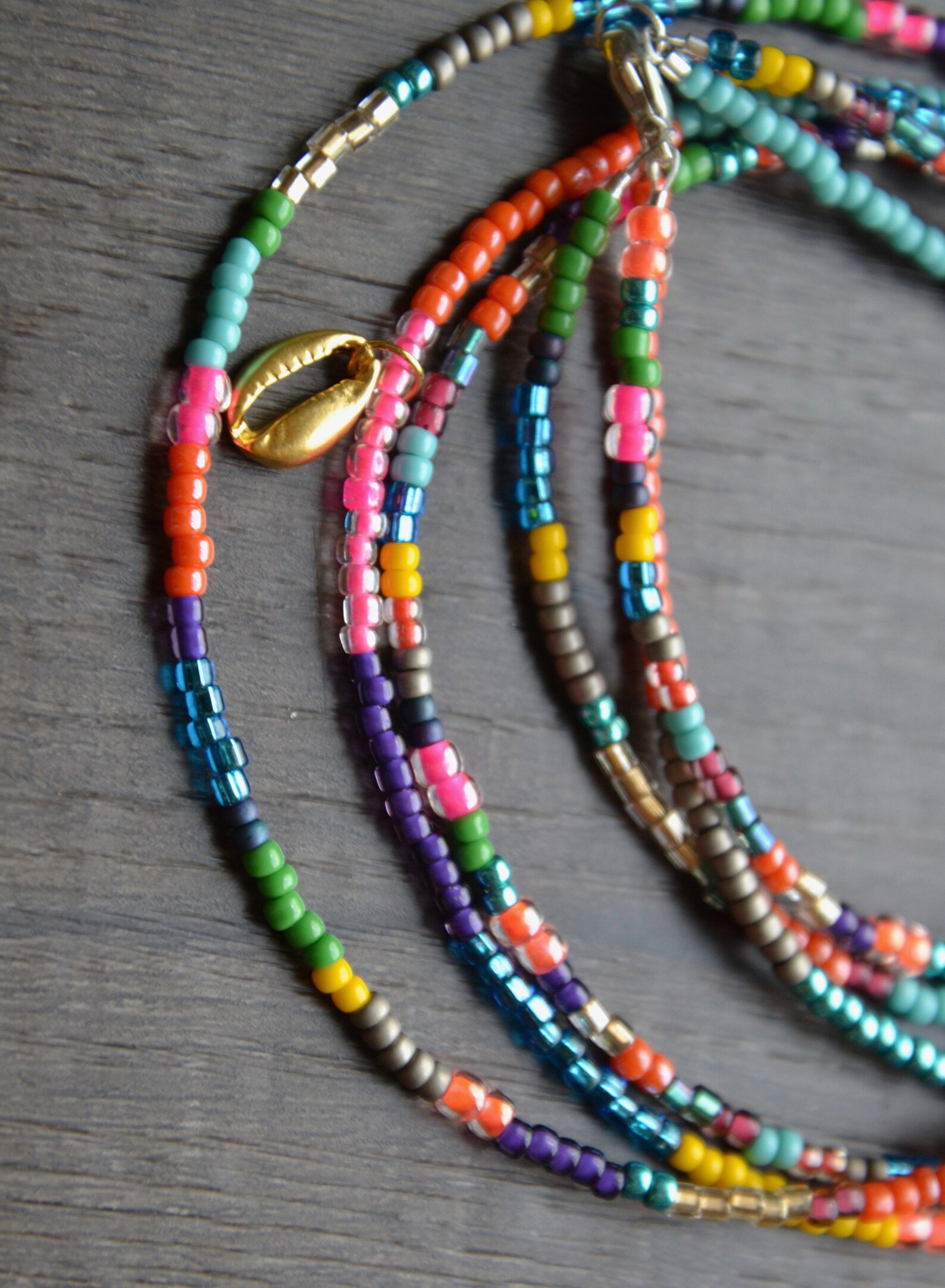 Colorful, Fun Triple Strand Beaded Necklace With Petite Gold Plated