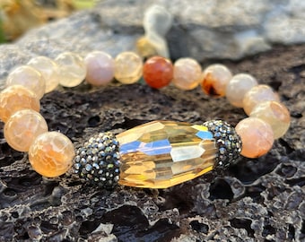 Gemstone Bracelets with Rhinestone Focal Beads, Peach Elegant Bracelet