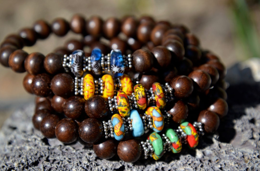 Mens Beaded Bracelet, Cocoa Brown Wooden Beads, Bali Spacers and