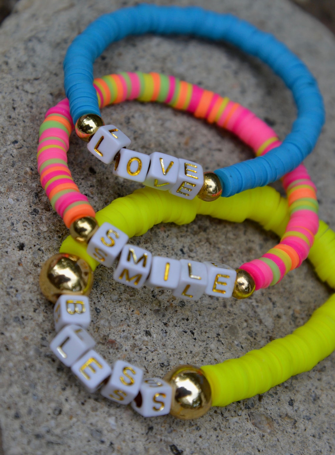 Set of 3 Polymer Clay Neon Beaded Bracelets with Hematite and Etsy