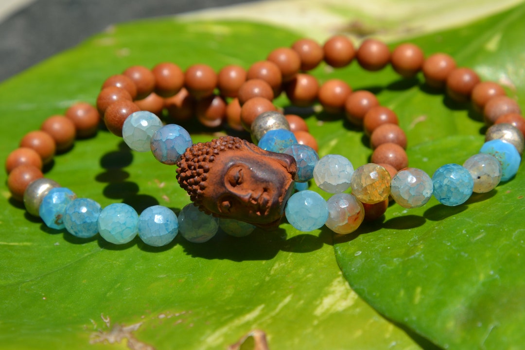 Set of 3 Sandalwood and Crackled Agate Beaded Stretch Bracelets With ...