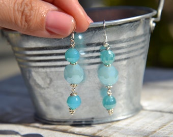 Mermaid Blue, Glass, Crystal Dangling Earrings in Aqua and Soft Blue