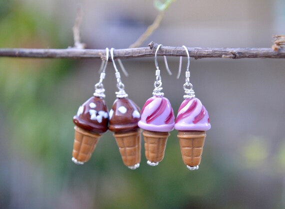 Chocolate Swirl Ice Cream Cone Earrings Crystal on Sterling Silver Chocolate Swirl Ice Cream Cone Earrings Crystal on Sterling Silver