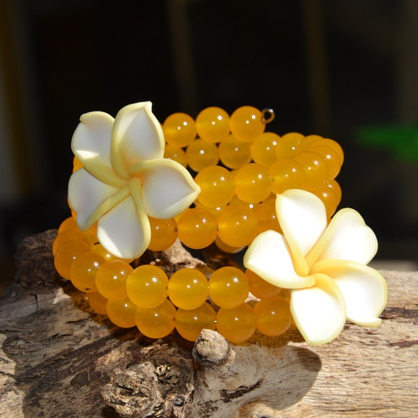 A Piece of Hawaii Plumeria Wrap Around Bracelet in Yellow, Yellow and White Plumeria Bracelet, Yellow Beaded Bracelet