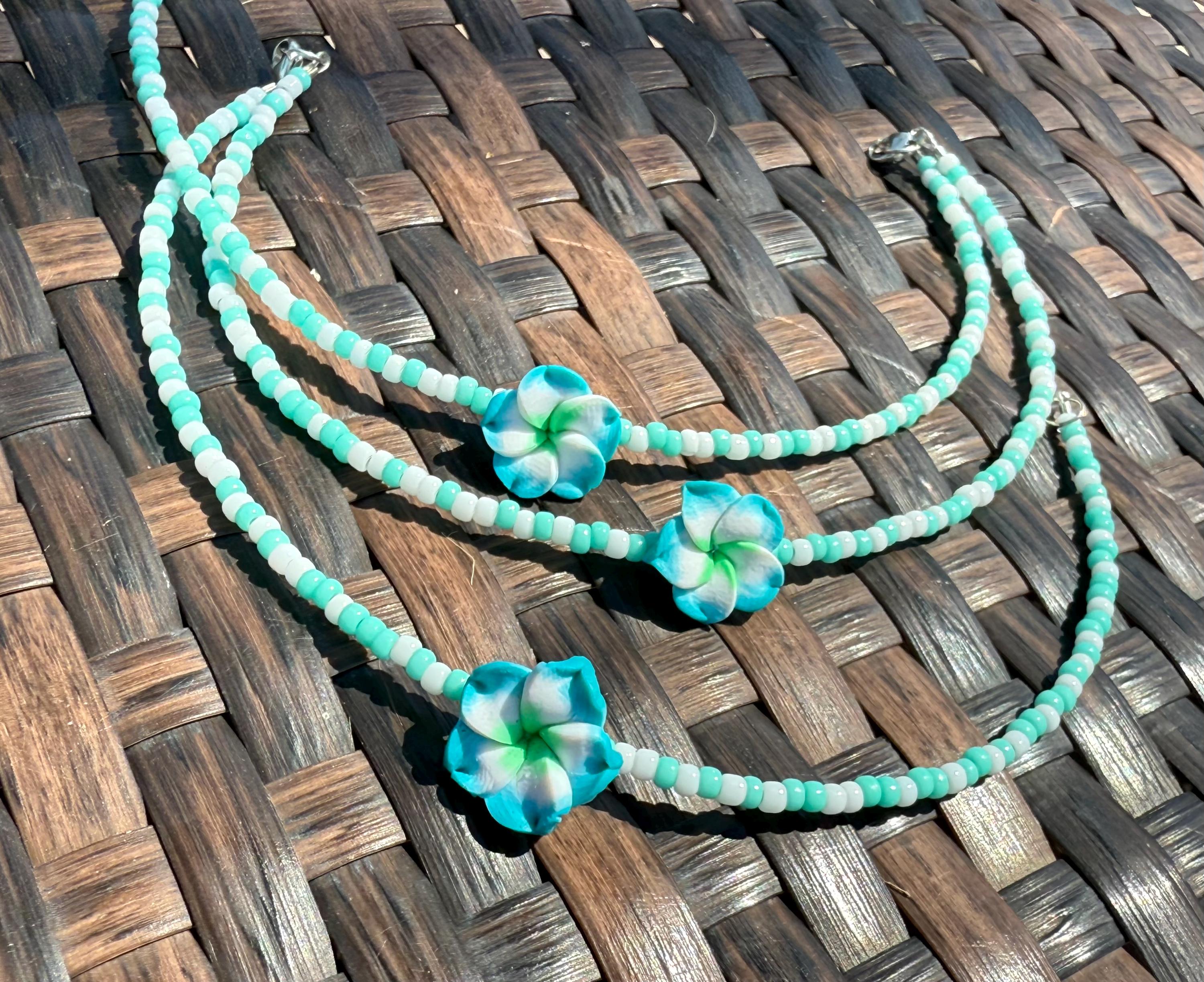 White & Teal Beaded Anklet with Plumeria Resin Flower, Plumeria Anklet,…