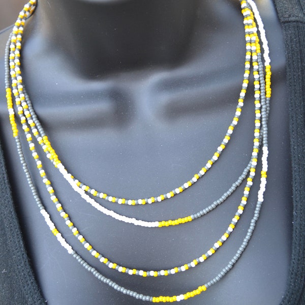 Four Strand Necklace with Yellow, White and Gray, Multi strand, Boho, Bohemian, Seed Beads, Pantone