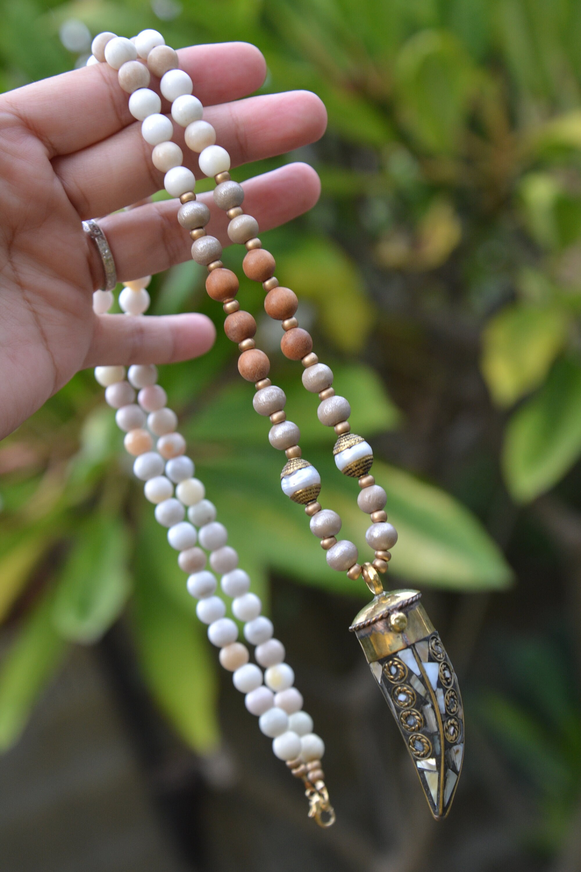DouVei Bohemian Long Pendant Necklace – Wood Bead, Turquoise, Tibetan Silver, 32-Inch Sweater Chain
