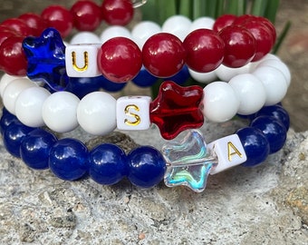 Red White and Blue Beaded USA Bracelet, America Bracelet, USA Bracelet, USA Wrap Red White and Blue Beaded Bracelet