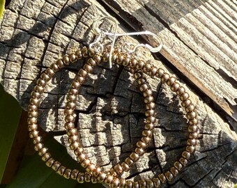 Bronze Beauty, Sterling Silver, Copper Brown Seed Beaded Hoop Earrings, Classy, Elegant