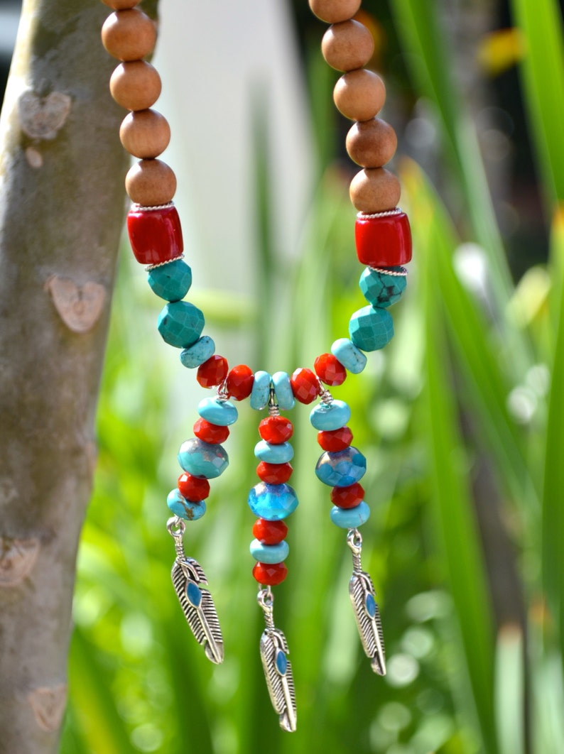 Boho Beautiful Beaded Necklace with Tibetan Feathers Bib