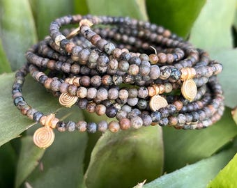 Gorgeous, Multi Strand Rustic Gemstone Bead Necklace with Gold Accents, FIve Strand Gorgeous Earthy Necklace, Beaded Layered Necklace