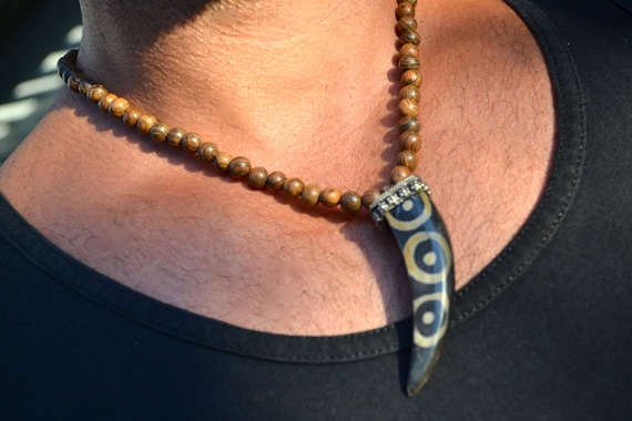 Mens Natural Wooden Beaded Necklace with Large Tibetan Horn Pendant